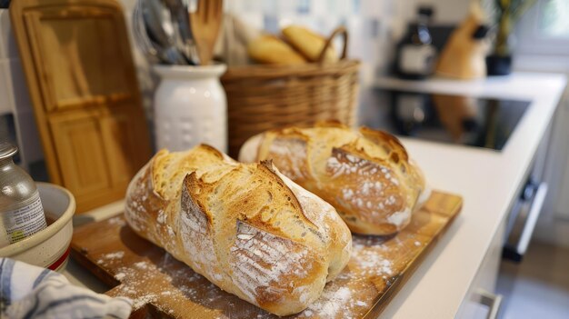 Frisch gebackenes hausgemachtes Brot auf einem Holzschnittbrett in gemütlicher Küchenumgebung