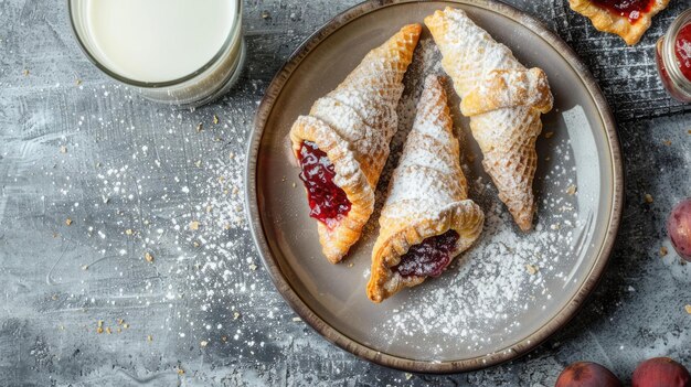 Frisch gebackenes Puffgebäck mit Kirschfüllung und Zuckerpulver