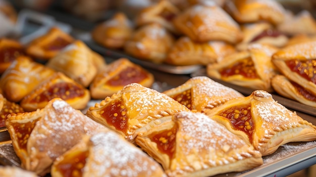 Frisch gebackenes süßes Gebäck ausgestellt, köstliche Leckereien zum Dessert, ideal für Lebensmittelmärkte und Bäckereimen, eine köstliche Auswahl bei warmem Licht, KI