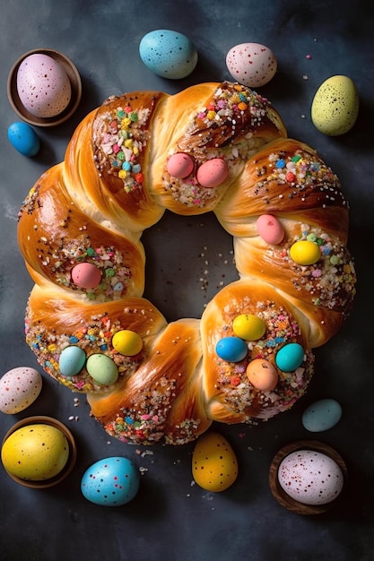 Frisch gebackenes süßes Osterbrot mit bunten Schokoladeneiern auf Holzbrett von oben nach unten anzeigen Traditionelles Weihnachtsgebäck in Italien Griechenland Osteuropa AI generiert