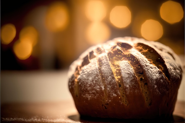 Frisch gebackenes traditionelles Brot auf einem rustikalen Holztisch mit pulverförmigem Mehl, das in die Luft fliegt Ai-Gen