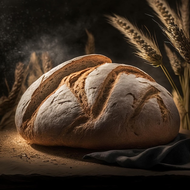 Frisch gebackenes traditionelles Brot auf einem rustikalen Holztisch mit pulverförmigem Mehl, das in die Luft fliegt Ai-Gen