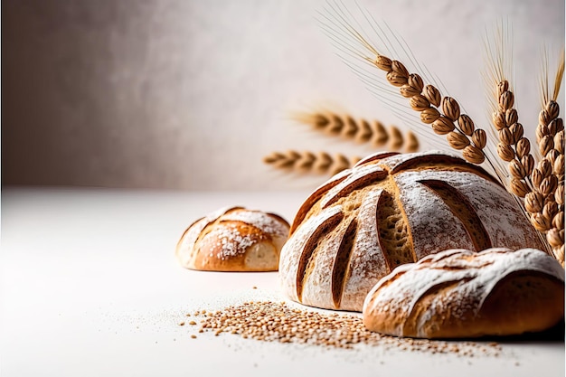 Frisch gebackenes traditionelles Brot auf einem rustikalen Holztisch mit pulverförmigem Mehl, das in die Luft fliegt Ai-Gen