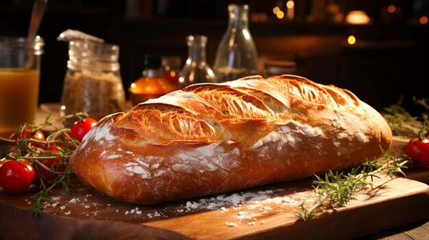 Frisch gebackenes Vollkornbaguette auf rustikalem Holztisch im Innenbereich