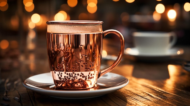 Frisch gebrühter Kaffee in einer metallischen Tasse, bereit zum Schlucken