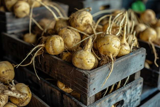 Frisch geernte Maca-Wurzeln auf rustikalen Holzkisten, rohe, organische Superfoods mit erdiger Textur