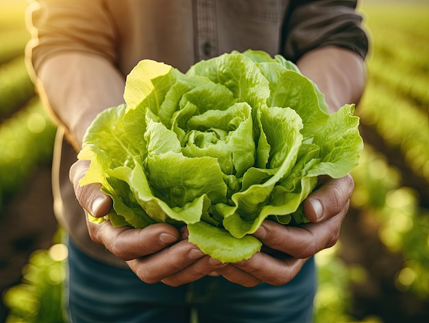 Frisch geernteter Salat in der Hand des Bauern, Nahaufnahme