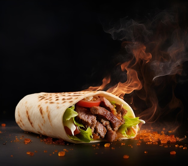 Frisch gegrillter Döner oder Shawarma-Rindfleisch-Wrap-Rolle, heiß servierfertig