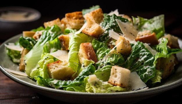 Frisch gegrillter Hühnchen-Caesar-Salat auf Holzplatte, generiert von AI