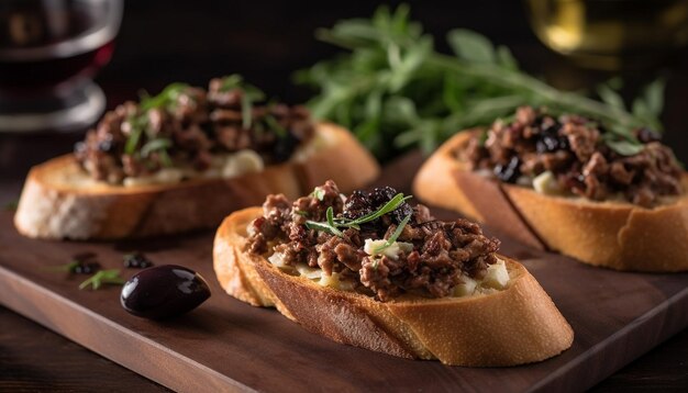 Frisch gegrilltes Ciabatta-Brot mit hausgemachtem Fleisch- und Gemüsesandwich, erzeugt durch künstliche Intelligenz