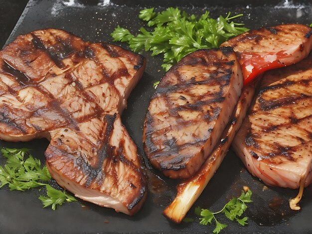 Foto frisch gegrilltes fleisch für ein sommerpicknick auf schwarzem hintergrund