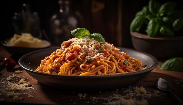 Frisch gekochte Nudeln mit Bolognese-Sauce und Parmesan, die von KI erzeugt werden