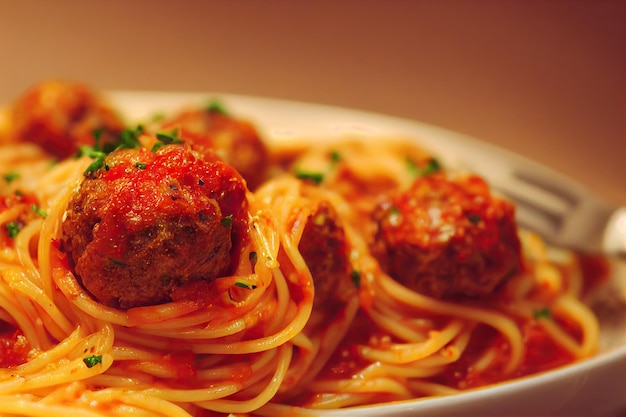 Frisch gekochte Spaghetti und Fleischbällchen, reichlich beträufelt mit dicker Tomatensauce