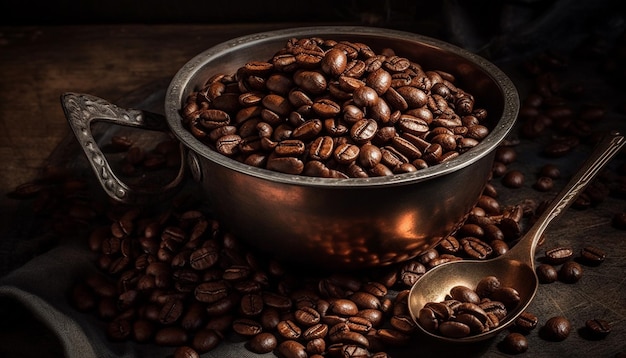 Frisch gemahlene Kaffeebohnen auf einem rustikalen Holztisch, generiert durch künstliche Intelligenz