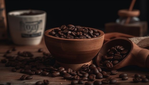 Frisch gemahlene Kaffeebohnen auf rustikalem Holztisch, aromatischer Duft, erzeugt durch künstliche Intelligenz