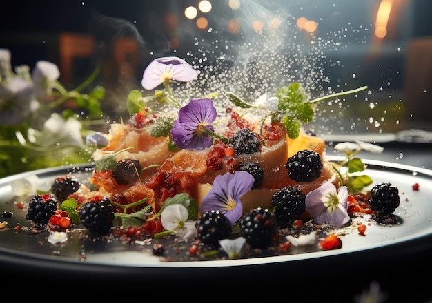 Frisch gemischte Früchte und Salat mit Wasserspritzern schwimmen auf einem Teller mit dunklem Studiohintergrund AI Generative