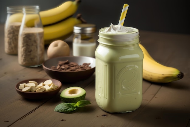 Frisch gemischter Bananen- und Avocado-Smoothie mit Joghurt oder Milch im Einmachglas der AI-Generation