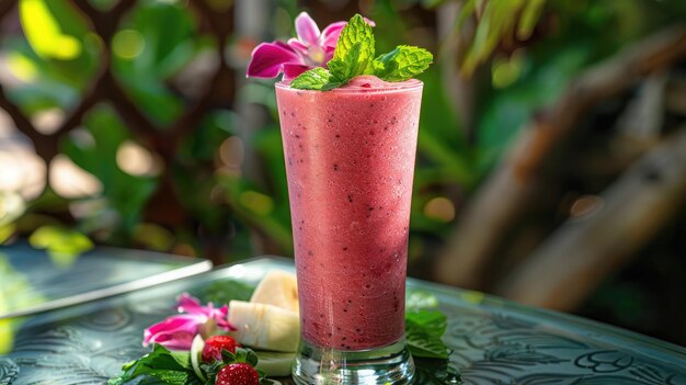 Foto frisch gemischter frucht-smoothie in einem hohen glas, garniert mit minzblättern, auf einem sonnigen terrasse-tisch