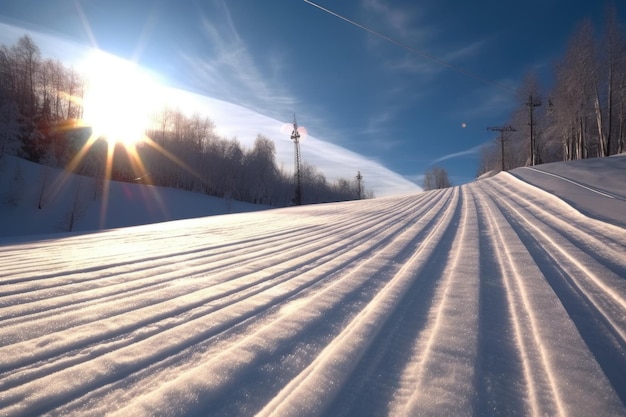 Frisch gepflegte Ski-Piste mit Sonnenerleuchtung, die mit generativer Ai erzeugt wurde