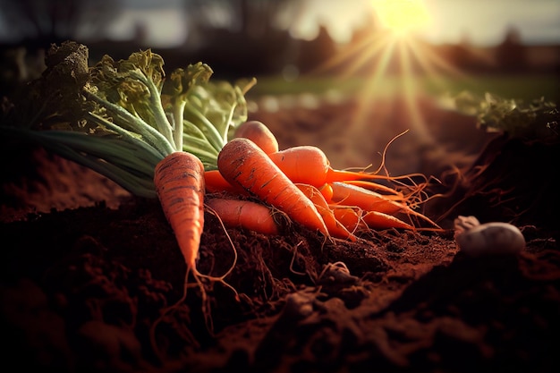 Frisch gepflückte Karotten auf dem Boden in einem Feld eines landwirtschaftlichen Landwirtschafts- und Gemüseanbaukonzepts Generative KI