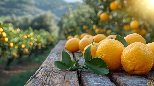 Frisch gepflückte reife Zitronen auf einem rustikalen Holztisch, lebendiger Zitrusbaum als Hintergrund, sonnenbeleuchtet, natürliche und einladende Szene, KI