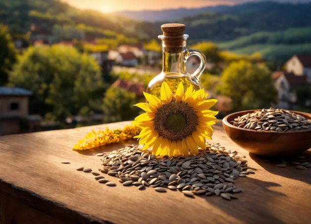 Frisch gepresstes Sonnenblumenöl auf einem Holztisch