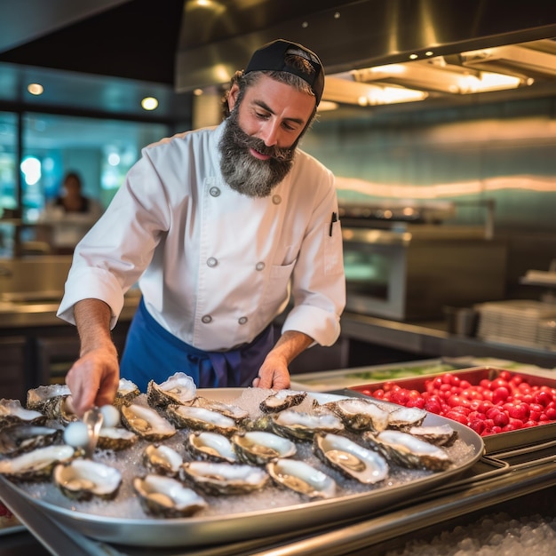 Frisch geschälte Austern, die auf einem Teller in einem Meeresfrüchte-Restaurant serviert werden, die vom talentierten Koch zubereitet werden