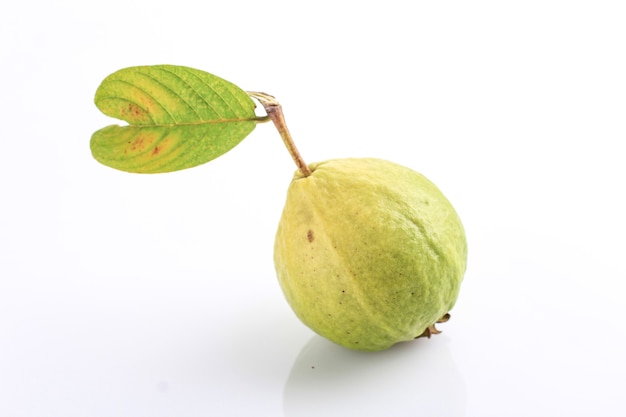 Frisch geschnittene Guave und Blätter (Jambu Biji Merah) oder Psidium Guajava, isoliert auf weiss. Kann die Immunität des Körpers verbessern, den Blutdruck und das Cholesterin senken, den Verdauungstrakt starten und ist reich an Vitamin C.