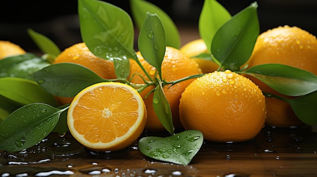 Frisch geschnittene Orange mit einem grünen Blatt oben