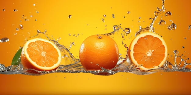 Frisch geschnittene Orangen und Orangenfrüchte auf orangefarbenem Hintergrund mit Wasserspritzer