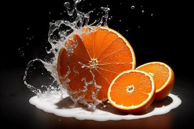 Frisch geschnittene Orangenfrüchte in Wasser, isoliert auf Schwarz