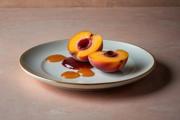 Foto frisch geschnittene pfirsiche auf einem eleganten teller