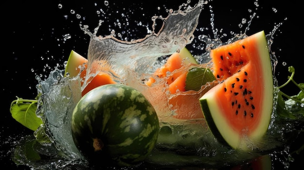 Frisch geschnittene Wassermelone mit schwarzem Hintergrund und Unschärfe bespritzt
