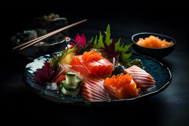 Frisch geschnittener roher Fisch Sashimi Fisch Lachs Thunfisch Gelbschwanz Japanische Küche KI-generiert