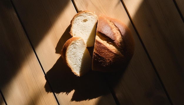 Foto frisch geschnittenes brot auf einem holztisch schmackhaftes brot hausgemachte bäckerei gebäck top-view