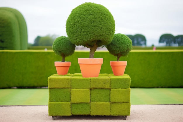 Frisch geschnittenes kubisch geformtes Topiary in einem Kindergarten