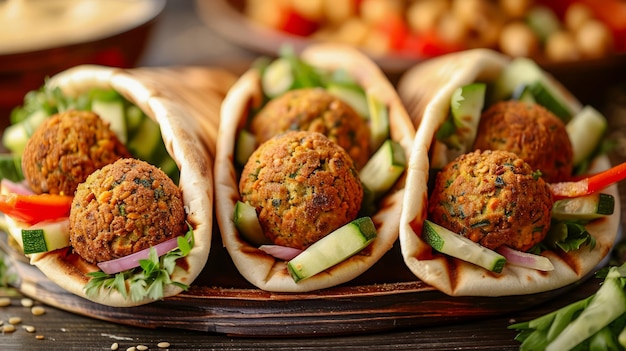 Foto frisch hergestellte falafel-pitas mit knusprigem gemüse und tahini-sauce auf einem rustikalen holztisch