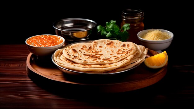 Foto frisch hergestellte roti mit scharfem chutney und geriebenem käse indische kulinarische freude authentische mahlzeit