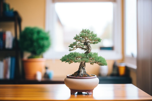 Frisch umgetopfter Bonsai-Baum mit Erde und Topf im Blick