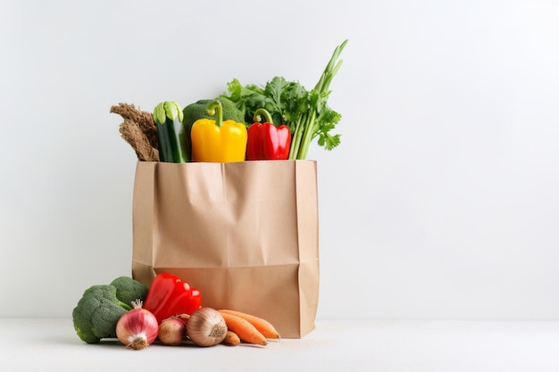 Frisch und lebendig Eine bunte Auswahl an Gemüse, verpackt in einem Papierbeutel auf einem knackigen weißen Hintergrund