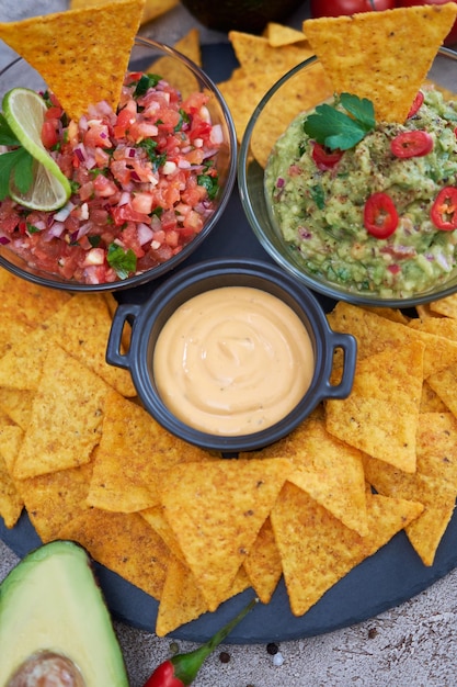 Frisch zubereitete Salsa und Guacamole-Dip-Sauce mit Nacho-Chips auf einem Servierbrett aus Stein