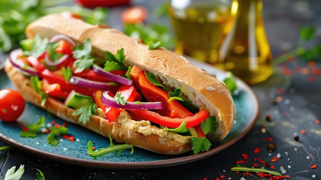 Frisch zubereitete vegetarische Sub mit lebendigem Gemüse auf blauem Teller