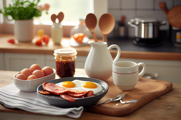 Frisch zubereitetes Frühstück auf der Küchentheke zum Genießen