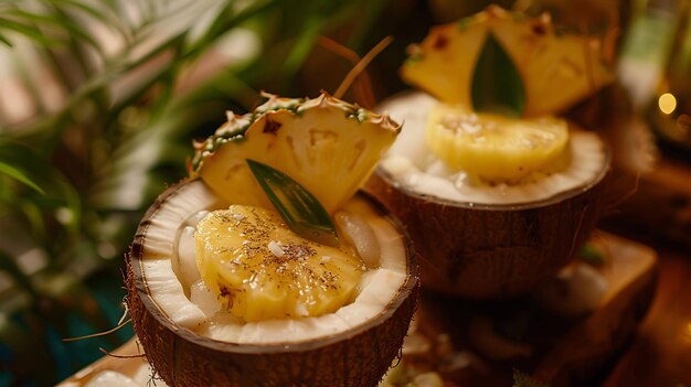 Frische Ananasstücke in Kokosnussbechern mit grüner Garniere