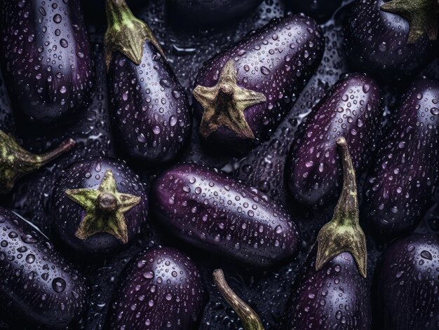 Frische Aubergine mit Wassertropfen Close Up Vollbild-Hintergrund oben