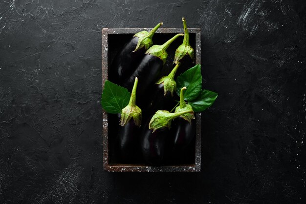 Frische Auberginen auf schwarzem Hintergrund Gemüse Draufsicht Kostenloser Kopierbereich