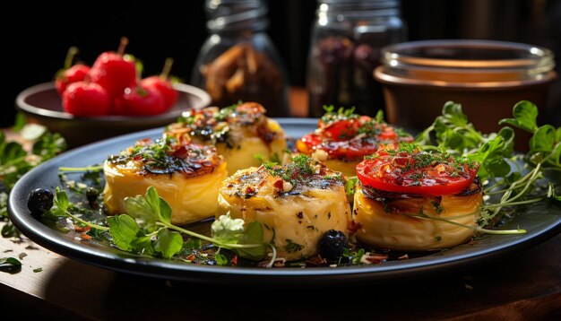 Foto frische auf dem teller gourmet-mahlzeit gesundes essen hausgemachte küche, die von ki generiert wird