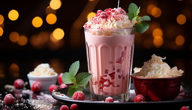 Foto frische auf dem tisch, dessert, fruchtgetränk, eis und joghurt, erzeugt durch ki