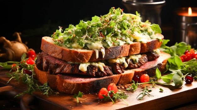 Frische auf einem Holztisch gegrilltes Rindfleischsandwich gesunder Salat
