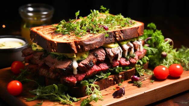 Frische auf einem Holztisch gegrilltes Rindfleischsandwich gesunder Salat